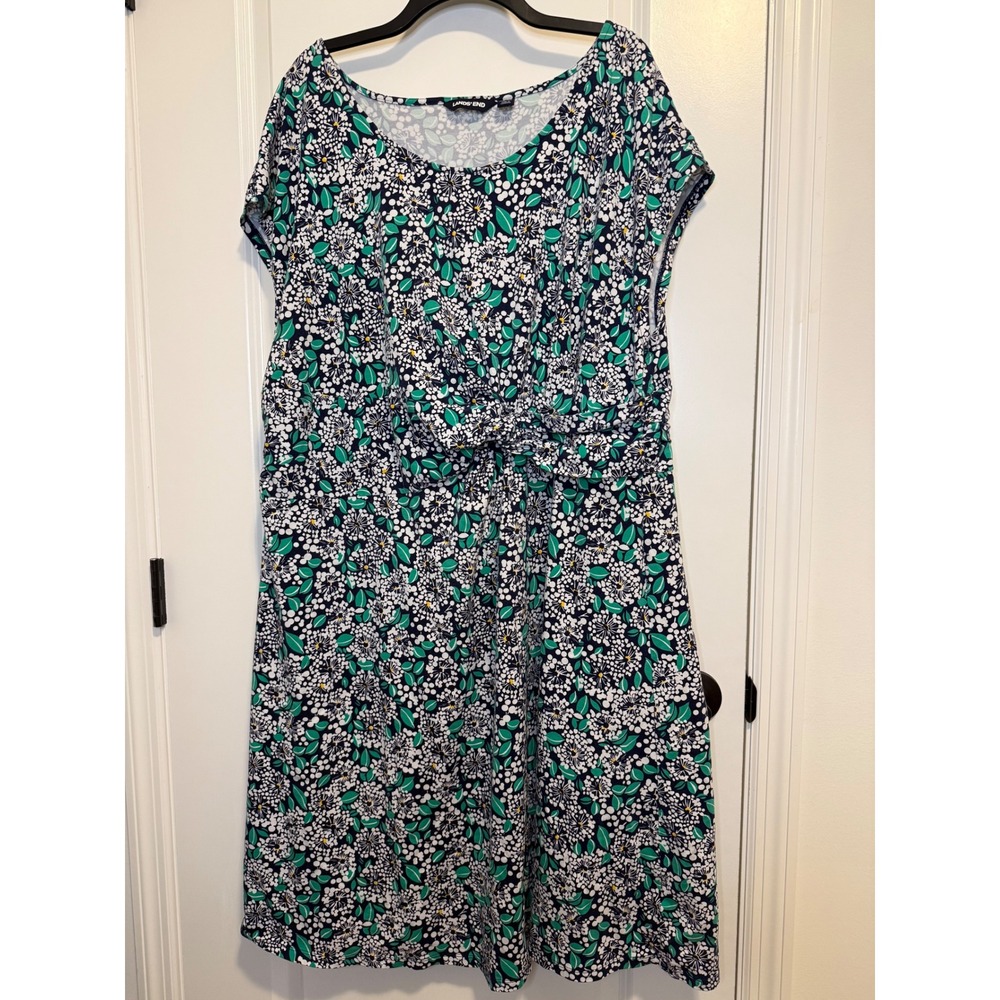 Lands' End Floral Twist Waist Dress Womens 3X Green Navy Excellent Short Sleeve